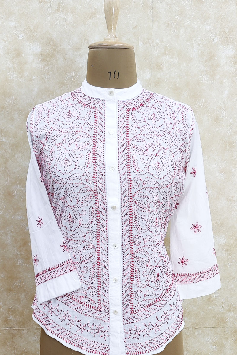  WHITE Colour Hand Embroidered Tepchi Work COTTON CHIKANKARI SHORT TOP MC251964